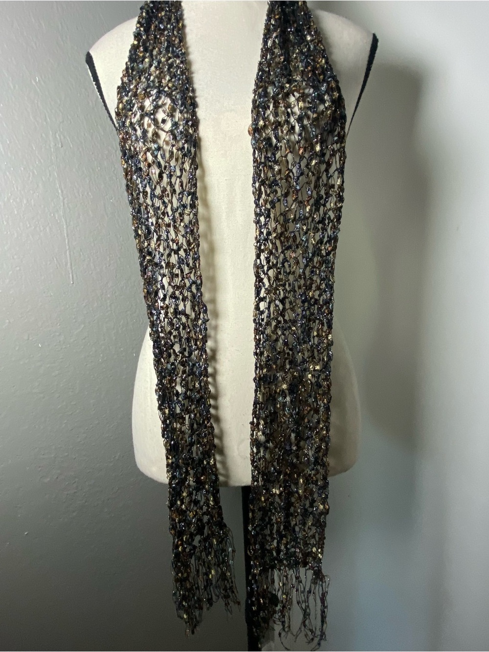 Y2K Blue & Tan Crochet Fringe Scarf